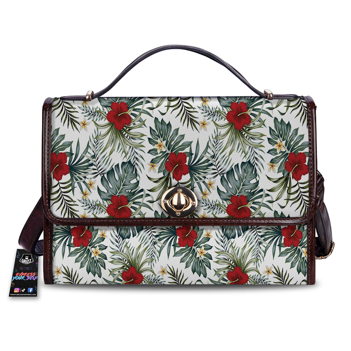 Hibiscus White Tropical Print Pattern Women's Satchel Bag-grizzshop