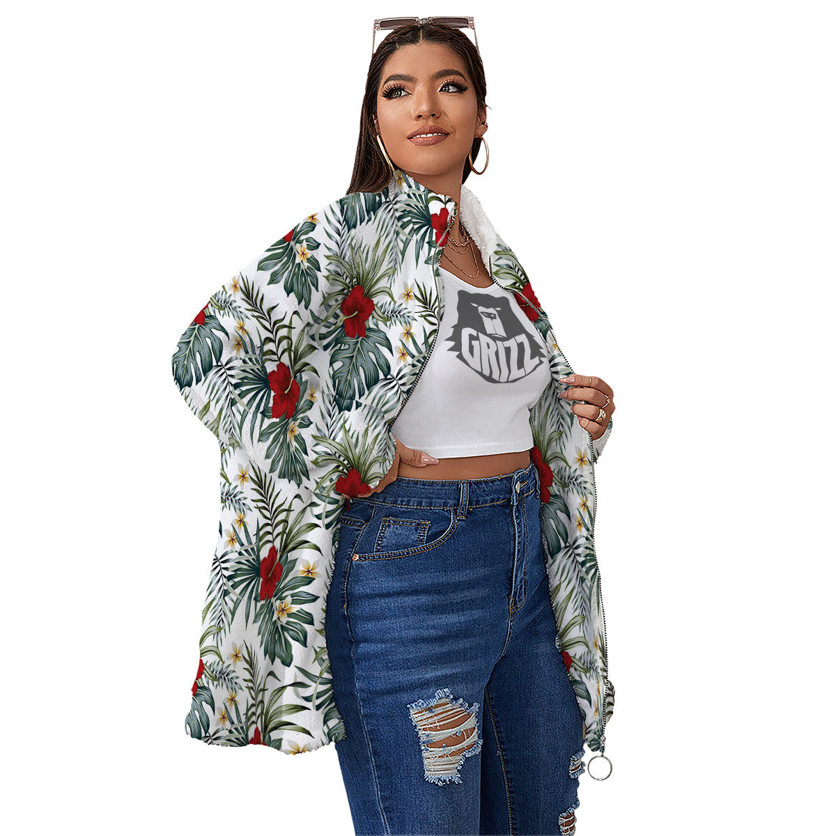 Hibiscus White Tropical Print Pattern Women's Sherpa Jacket-grizzshop