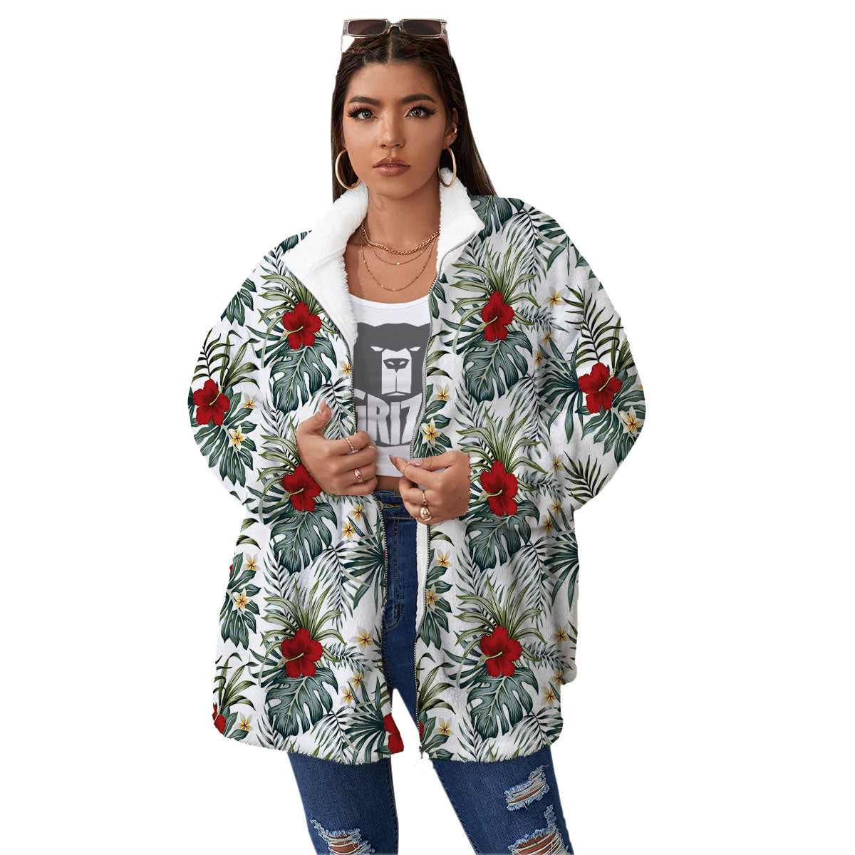 Hibiscus White Tropical Print Pattern Women's Sherpa Jacket-grizzshop