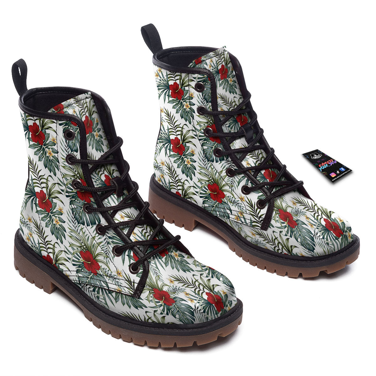 Hibiscus White Tropical Print Pattern Work Boots-grizzshop