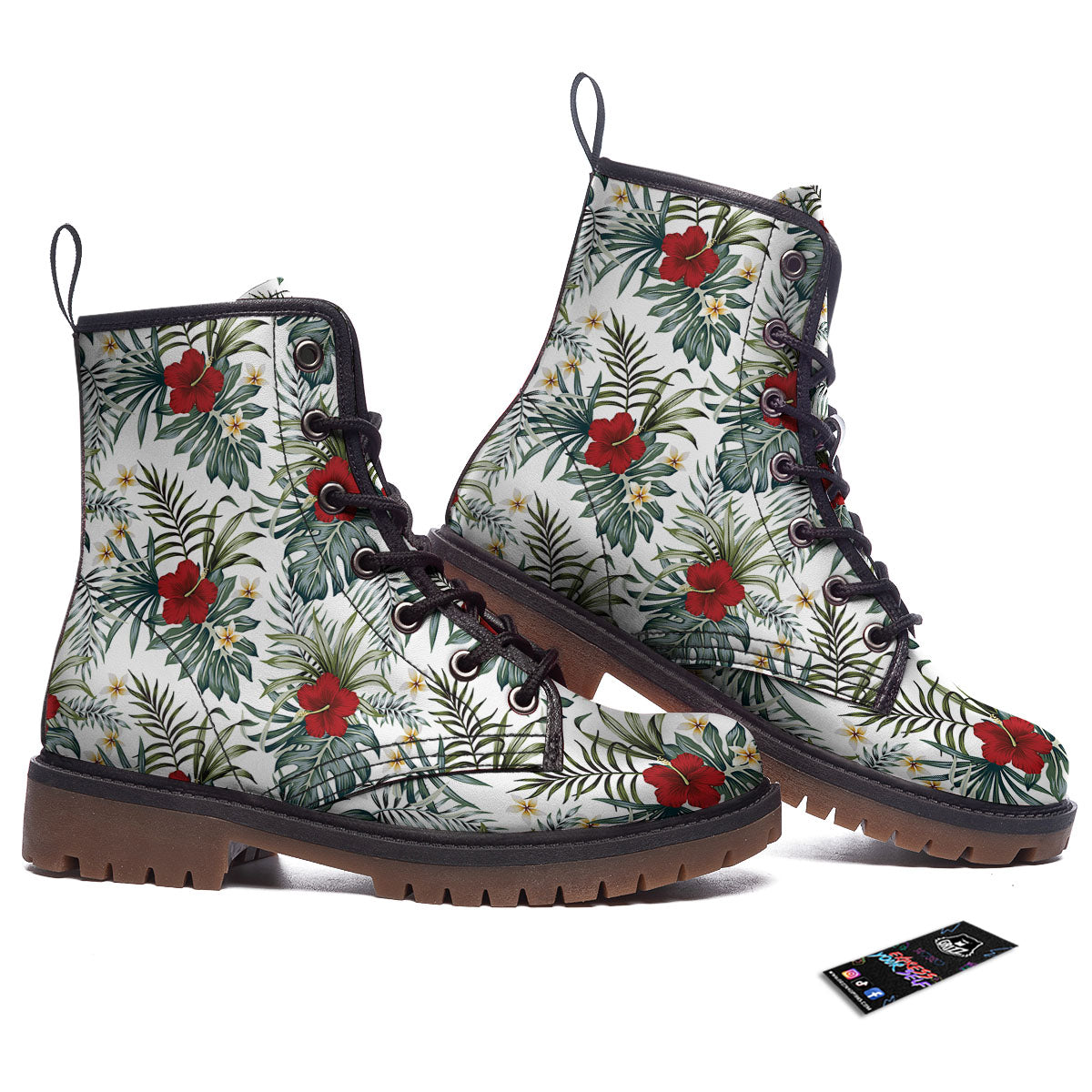 Hibiscus White Tropical Print Pattern Work Boots-grizzshop