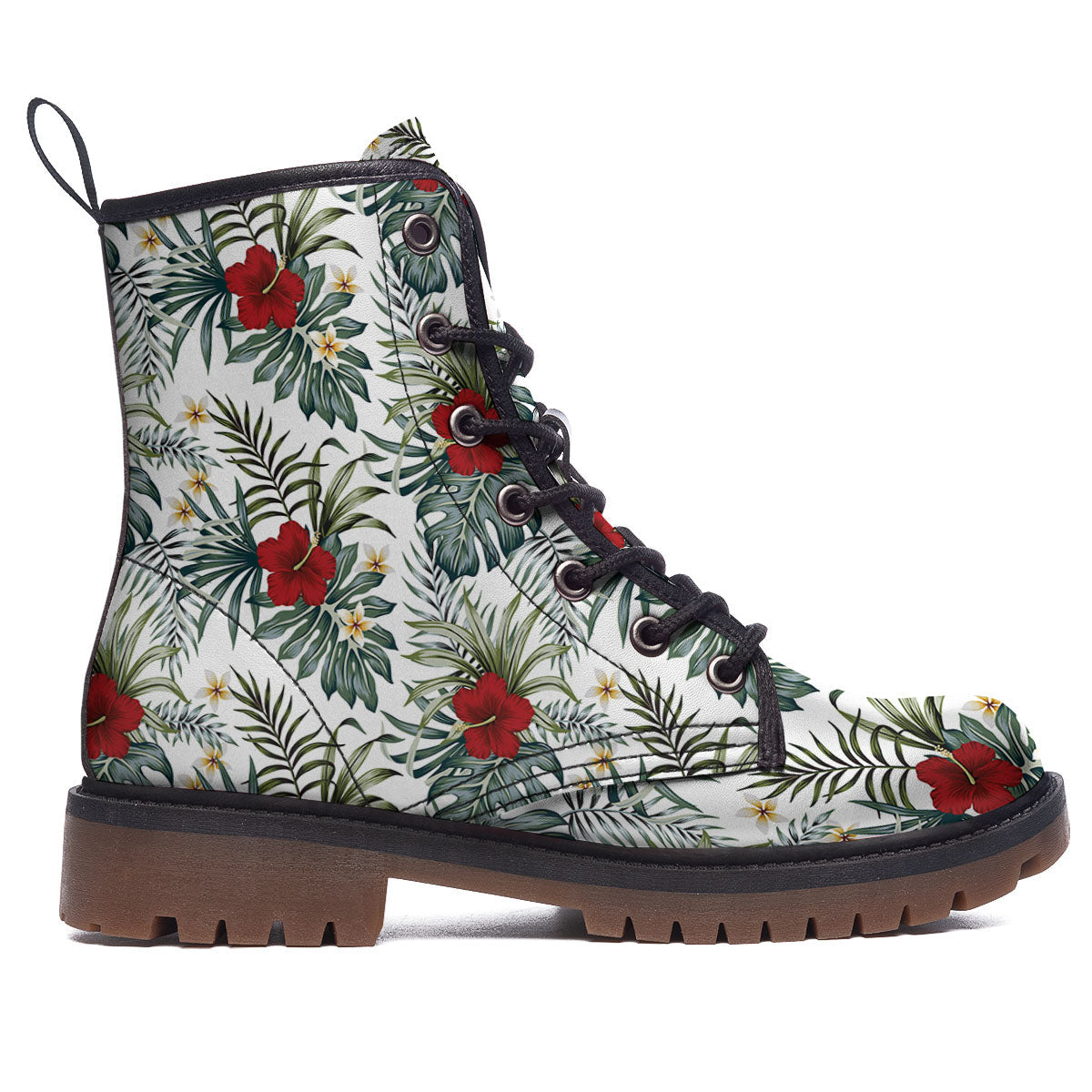 Hibiscus White Tropical Print Pattern Work Boots-grizzshop