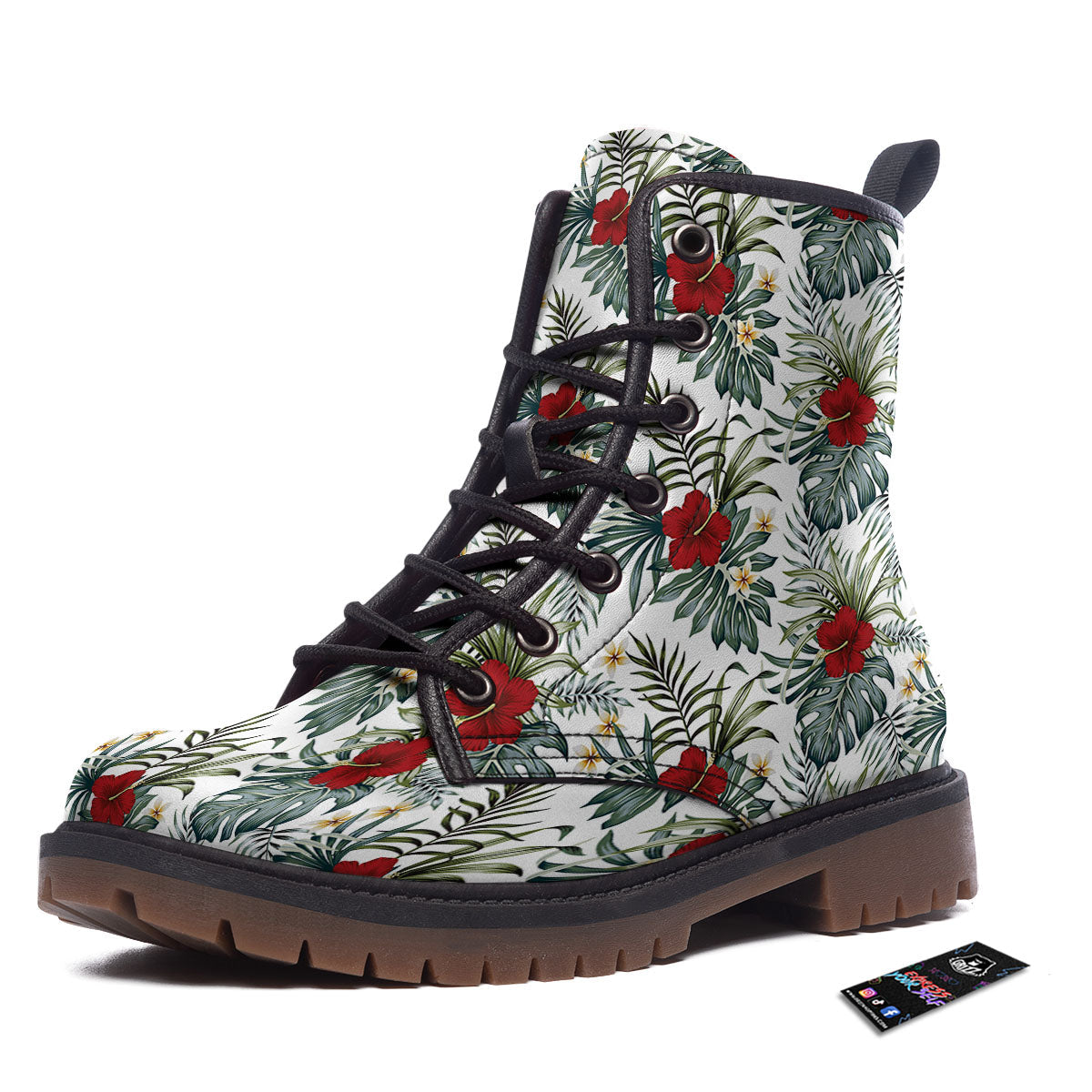 Hibiscus White Tropical Print Pattern Work Boots-grizzshop
