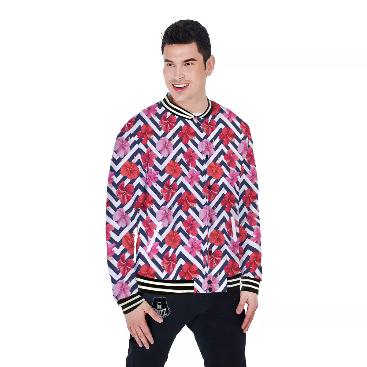 Hibiscus Zigzag Pink Print Pattern Baseball Jacket-grizzshop