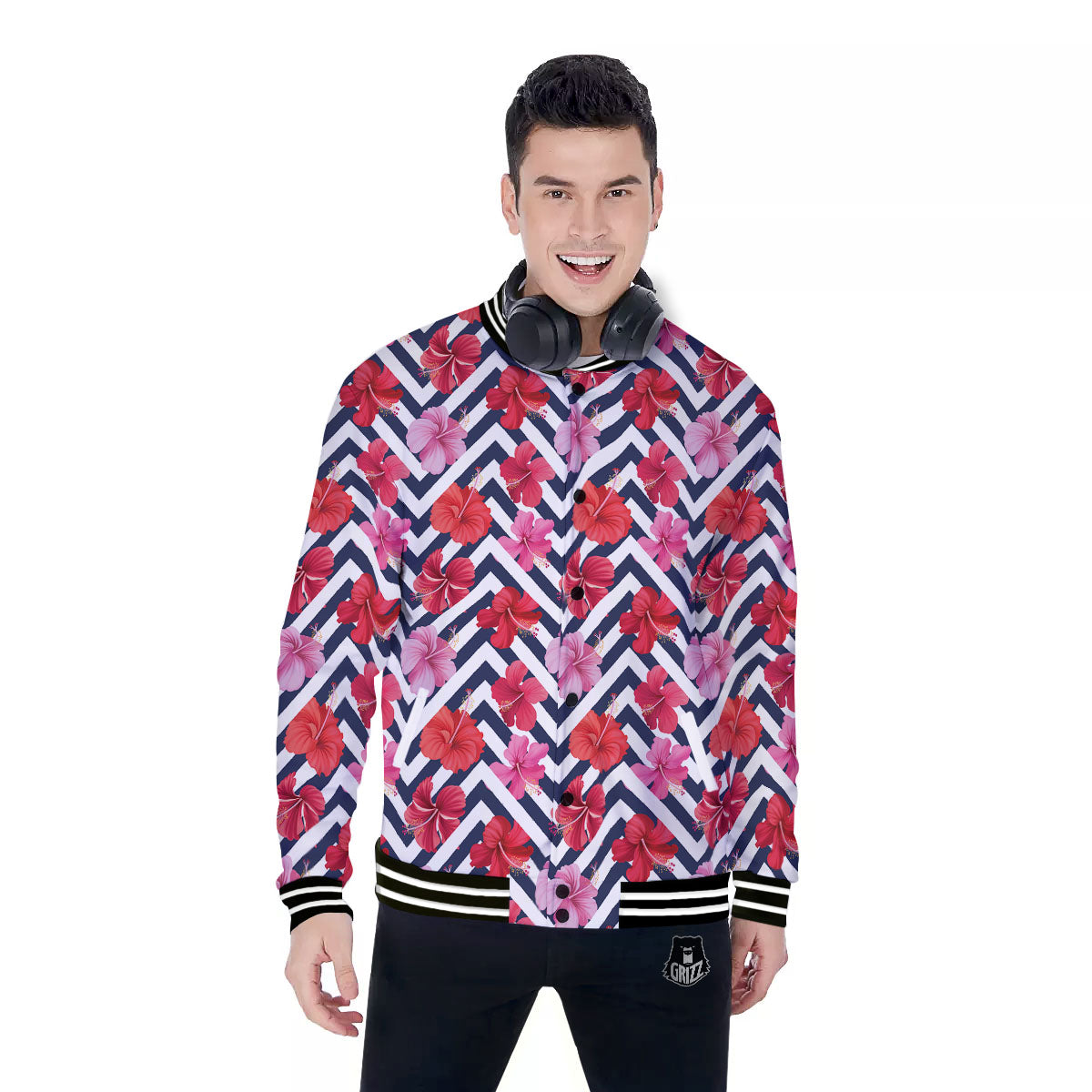 Hibiscus Zigzag Pink Print Pattern Baseball Jacket-grizzshop