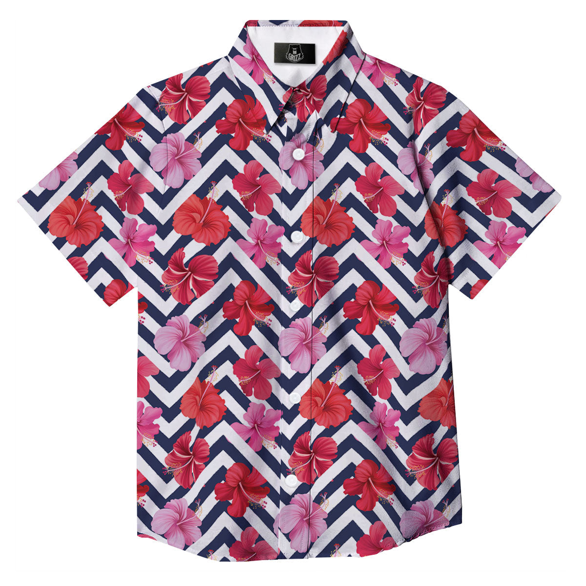 Hibiscus Zigzag Pink Print Pattern Button Up Shirt-grizzshop