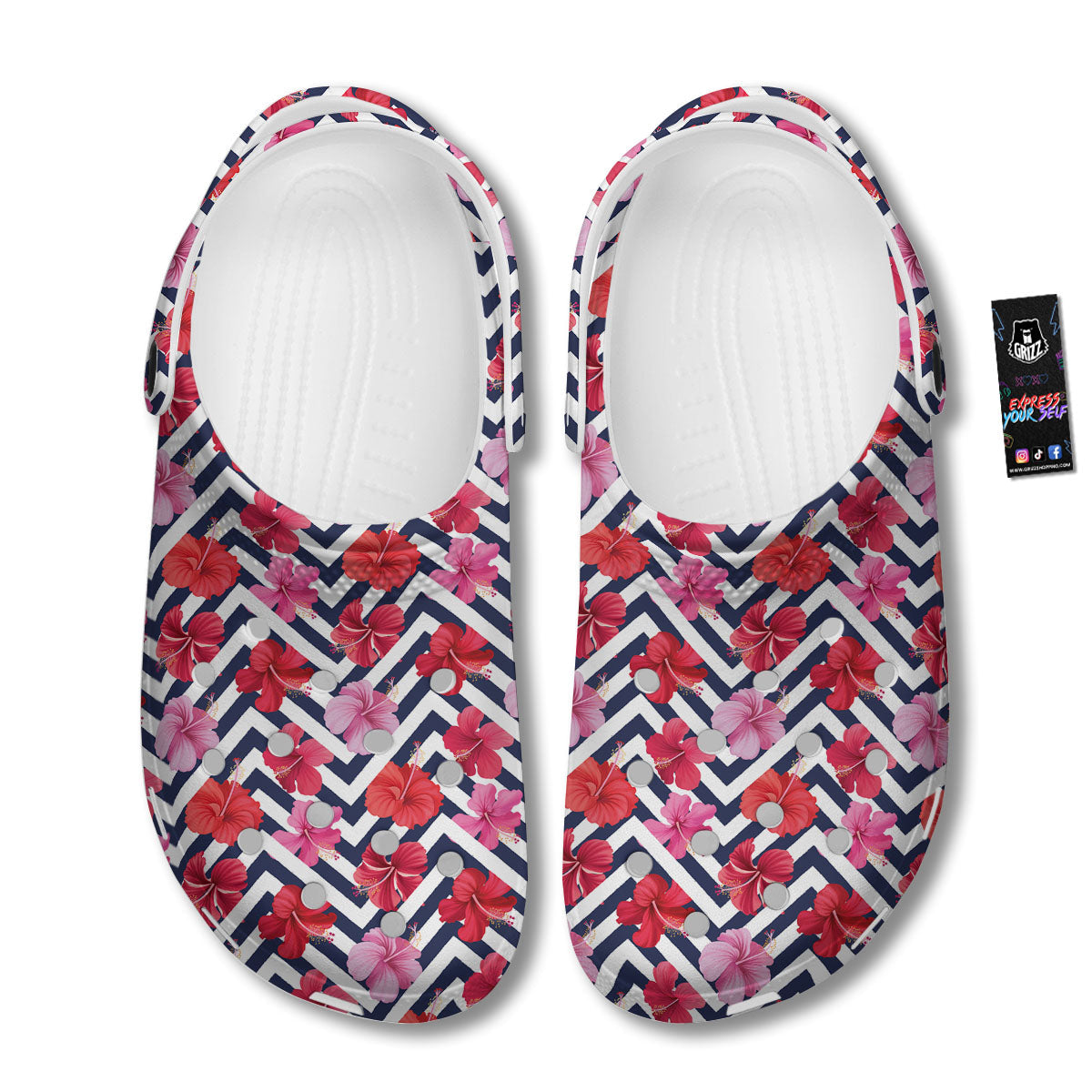 Hibiscus Zigzag Pink Print Pattern Clog-grizzshop