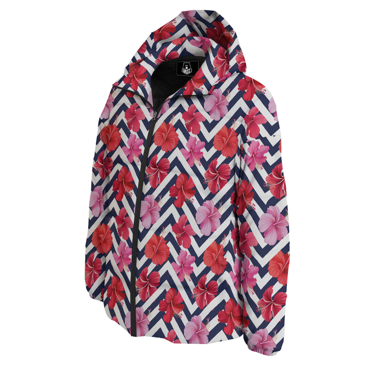 Hibiscus Zigzag Pink Print Pattern Down Jacket-grizzshop