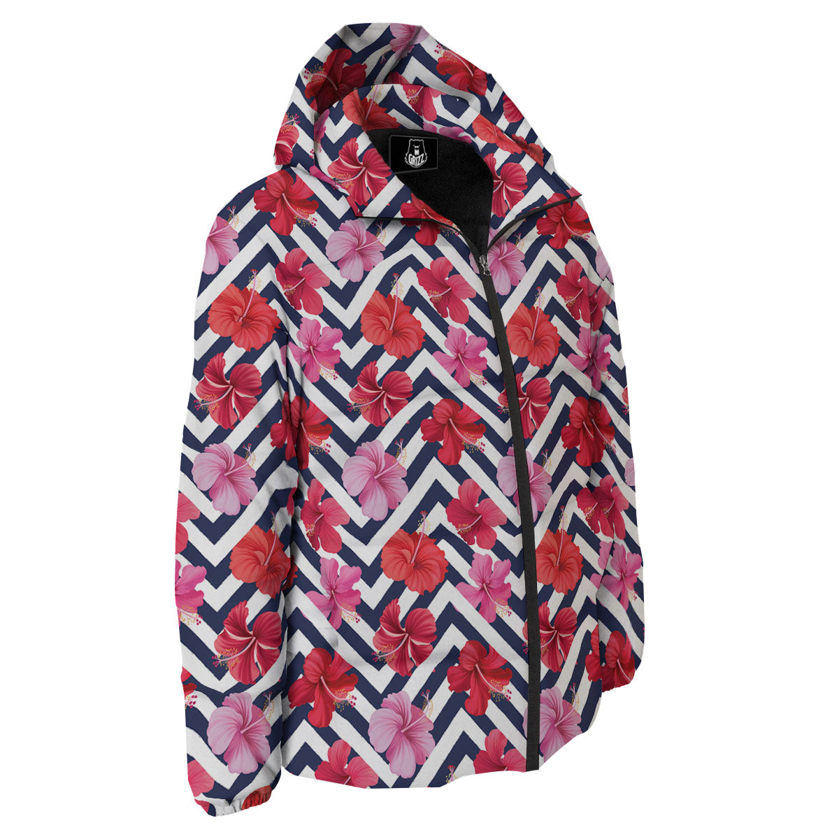 Hibiscus Zigzag Pink Print Pattern Down Jacket-grizzshop
