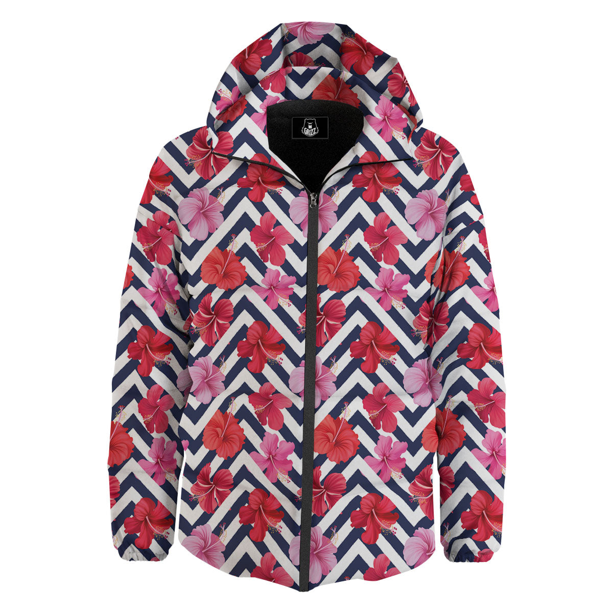 Hibiscus Zigzag Pink Print Pattern Down Jacket-grizzshop