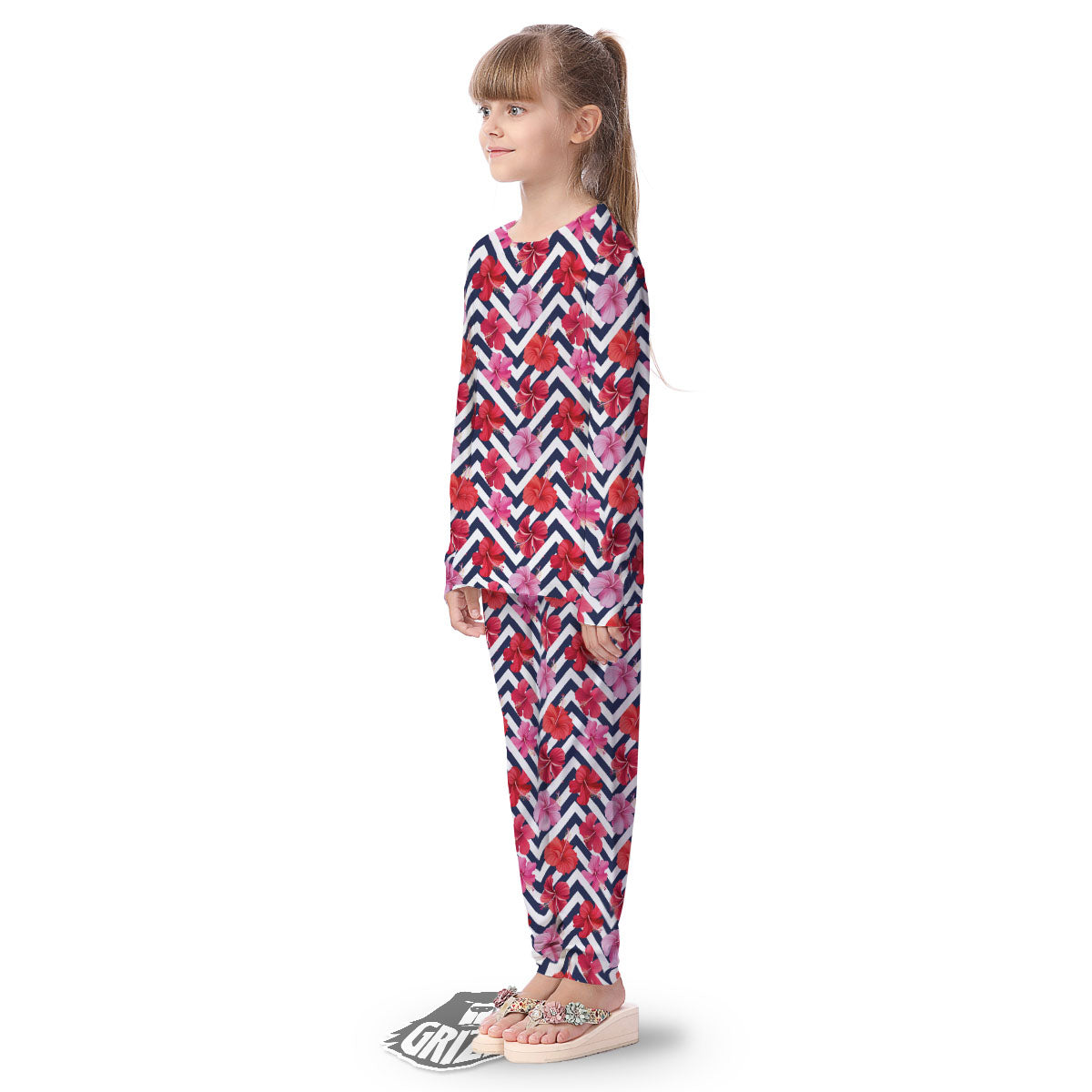 Hibiscus Zigzag Pink Print Pattern Kid's Pajamas-grizzshop