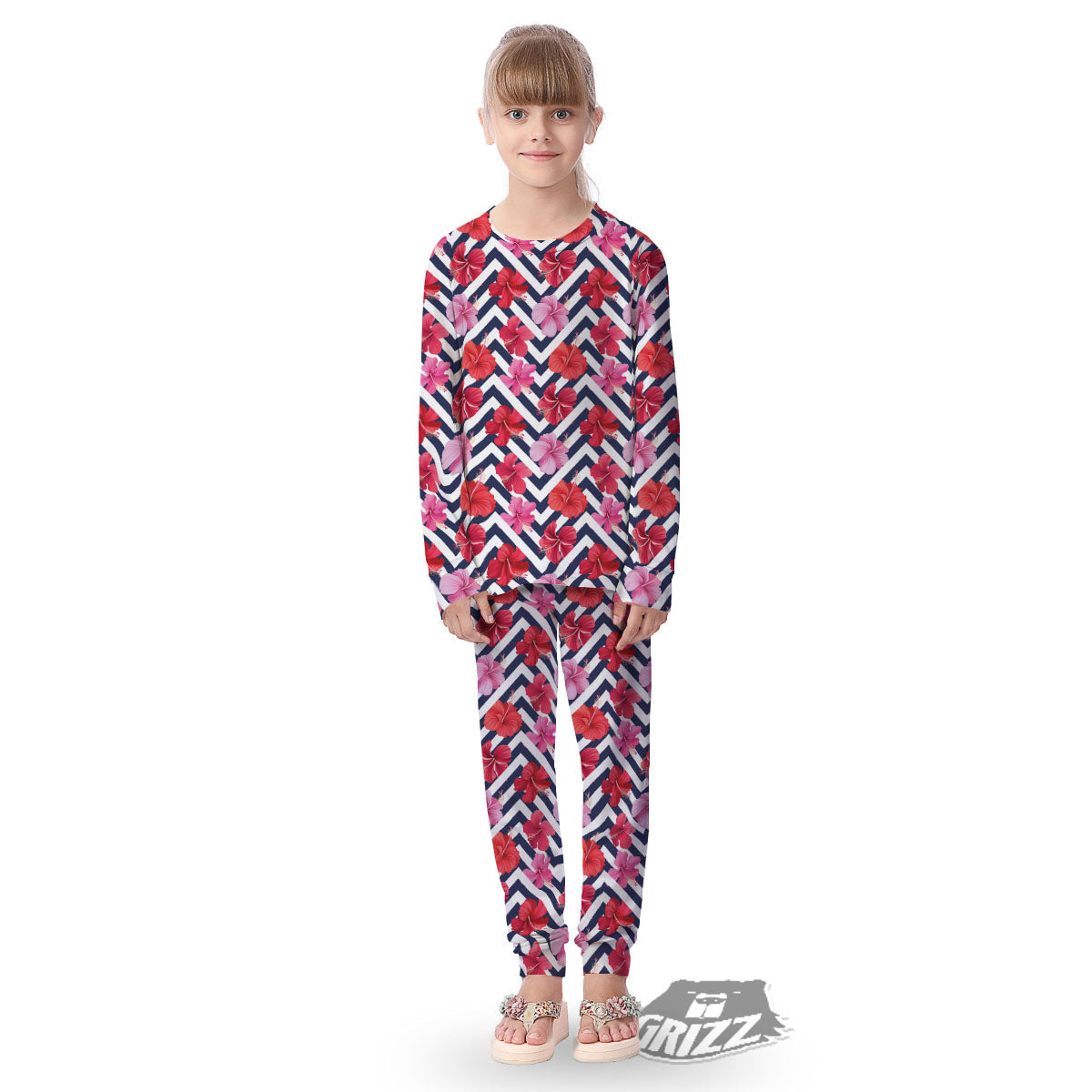 Hibiscus Zigzag Pink Print Pattern Kid's Pajamas-grizzshop