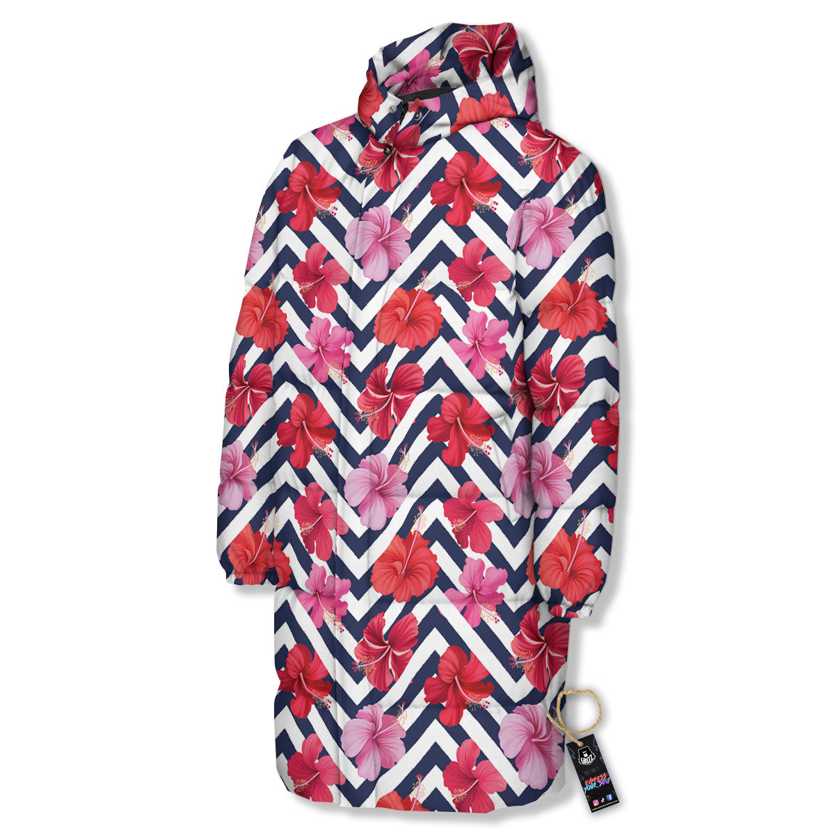 Hibiscus Zigzag Pink Print Pattern Long Down Jacket-grizzshop
