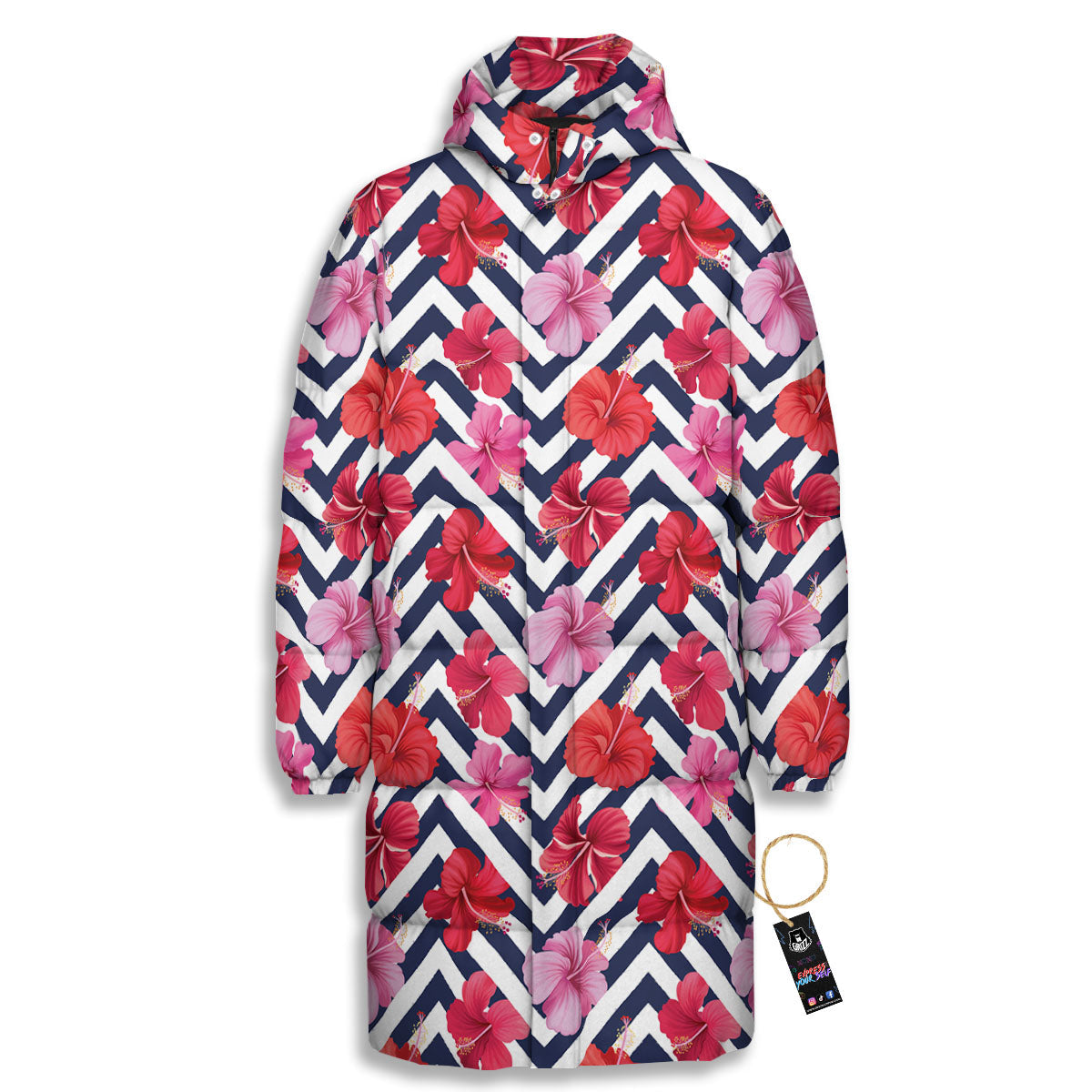 Hibiscus Zigzag Pink Print Pattern Long Down Jacket-grizzshop