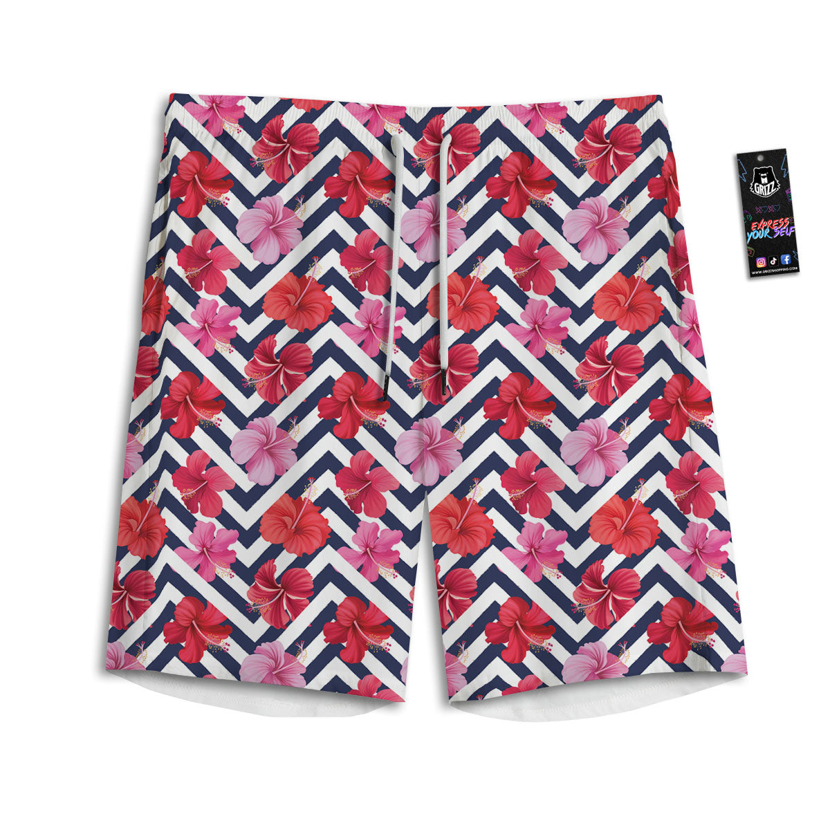 Hibiscus Zigzag Pink Print Pattern Men's Athletic Shorts