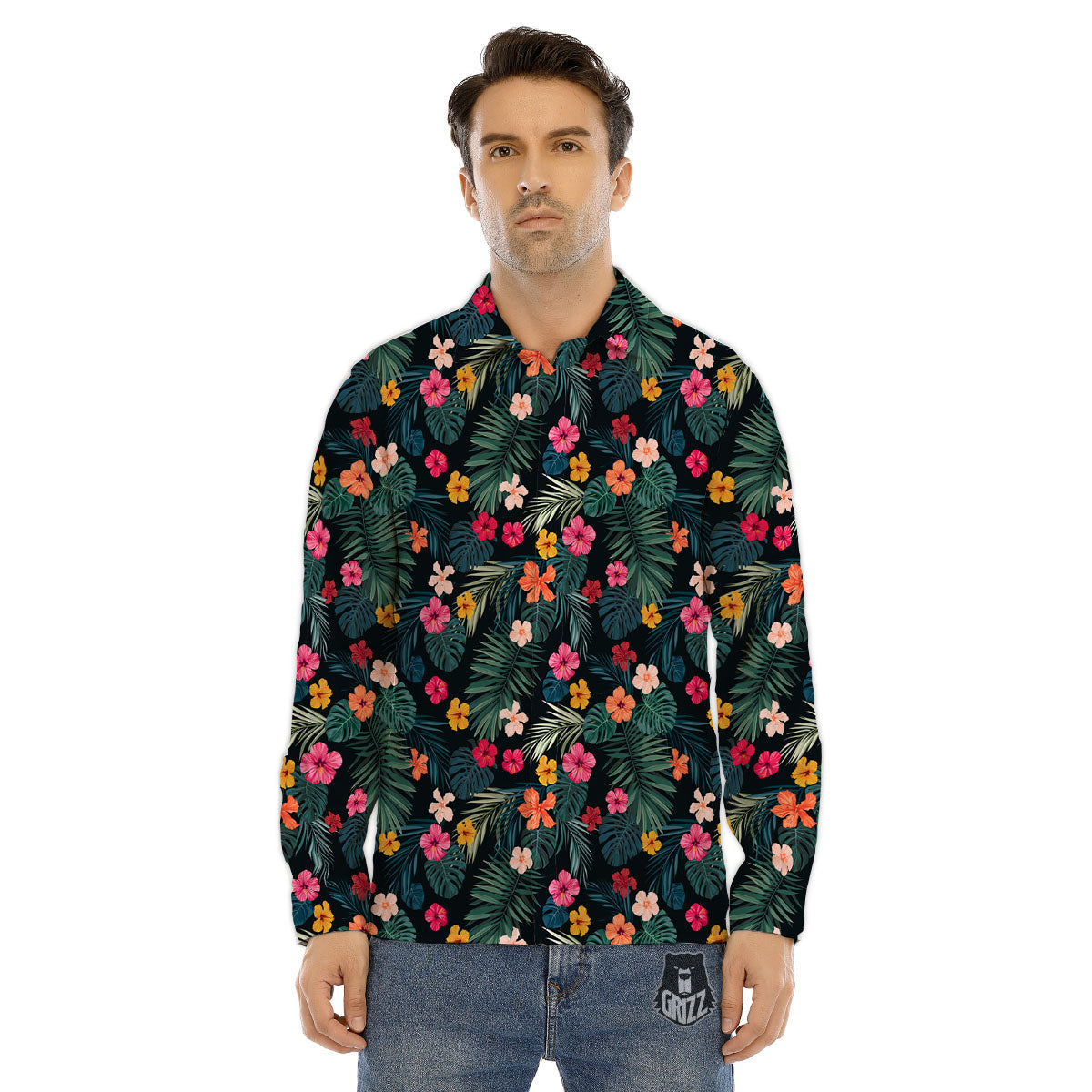 Hibiscus Zigzag Pink Print Pattern Men's Dress Shirts-grizzshop