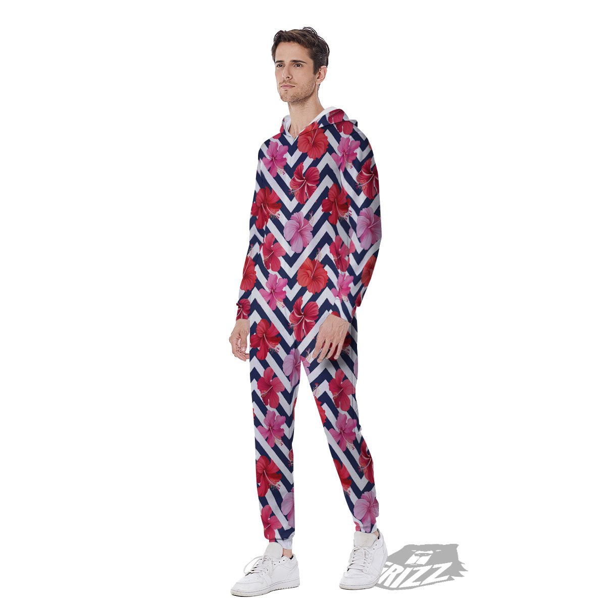 Hibiscus Zigzag Pink Print Pattern Men's Jumpsuit-grizzshop