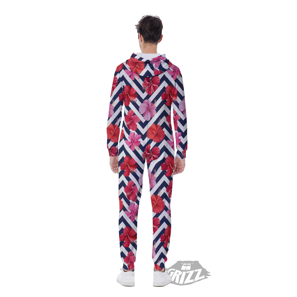 Hibiscus Zigzag Pink Print Pattern Men's Jumpsuit-grizzshop