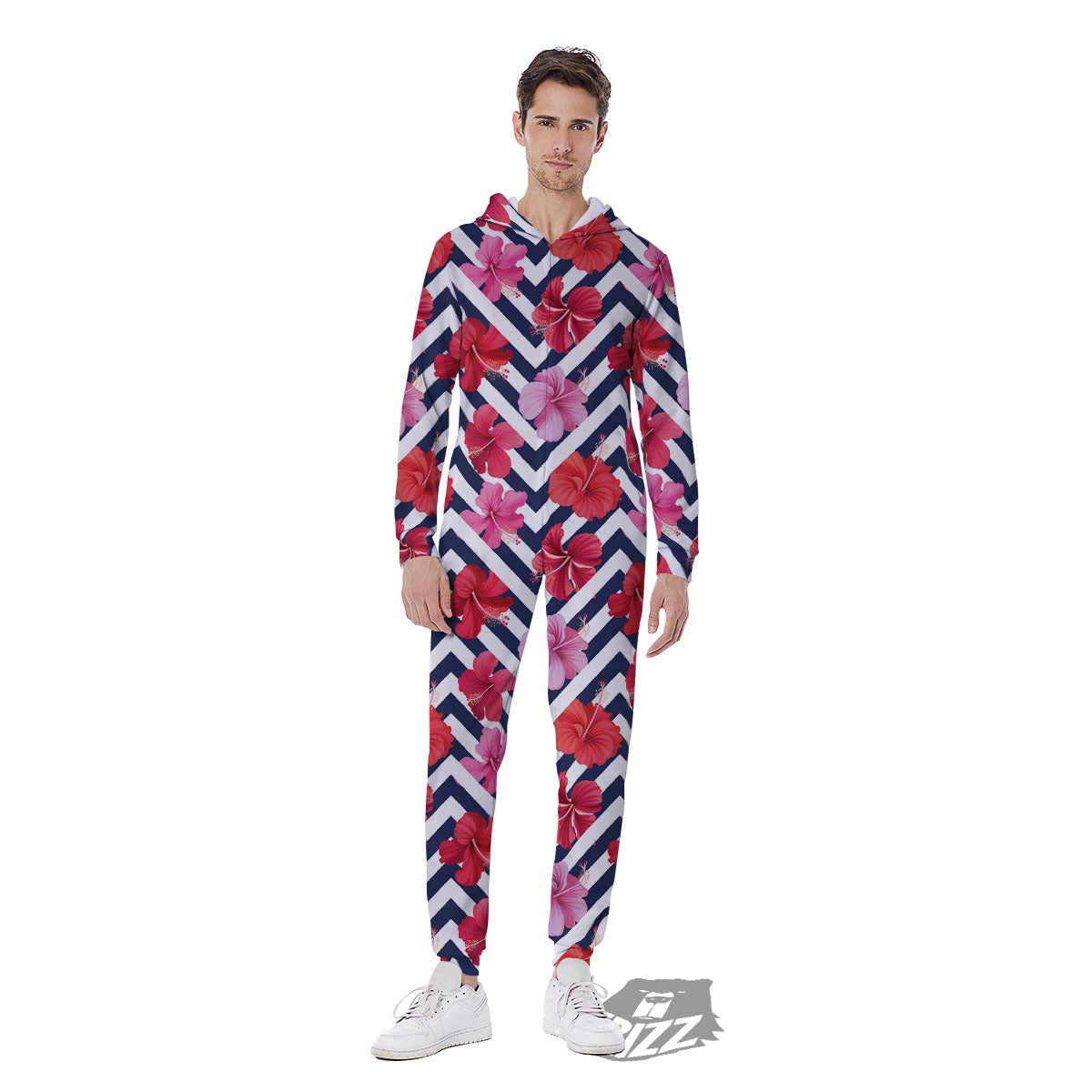 Hibiscus Zigzag Pink Print Pattern Men's Jumpsuit-grizzshop