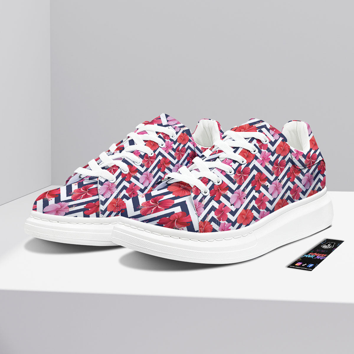 Hibiscus Zigzag Pink Print Pattern Platform Shoes-grizzshop