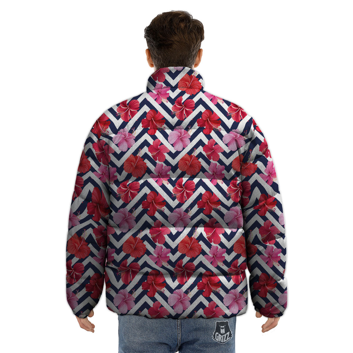 Hibiscus Zigzag Pink Print Pattern Puffer Jacket-grizzshop