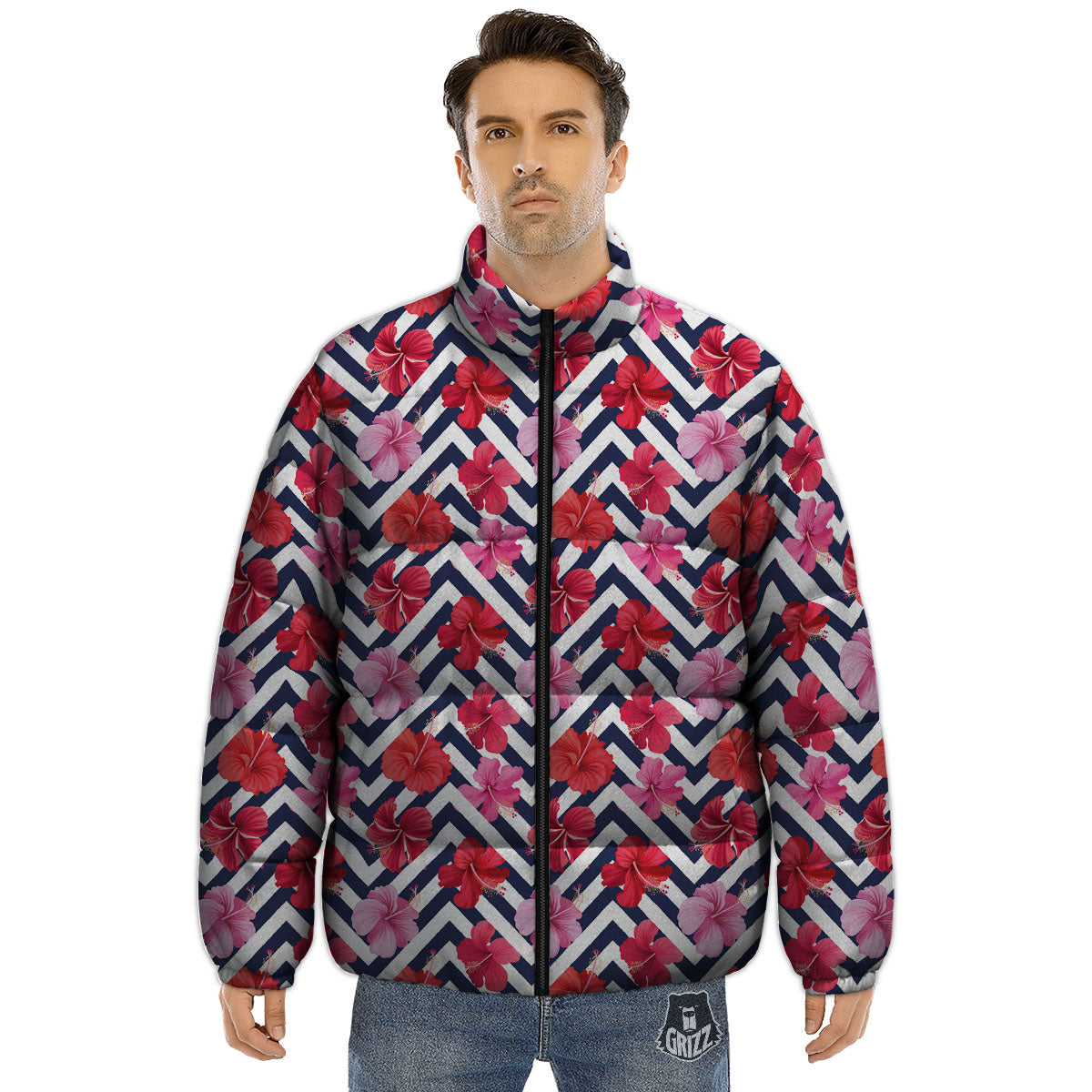 Hibiscus Zigzag Pink Print Pattern Puffer Jacket-grizzshop