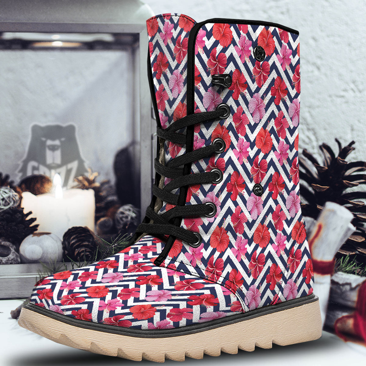 Hibiscus Zigzag Pink Print Pattern Snow Boots-grizzshop