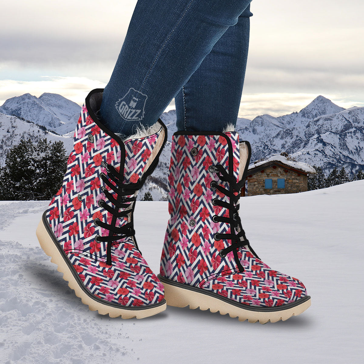 Hibiscus Zigzag Pink Print Pattern Snow Boots-grizzshop