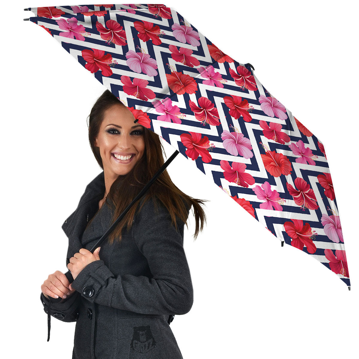 Hibiscus Zigzag Pink Print Pattern Umbrella-grizzshop