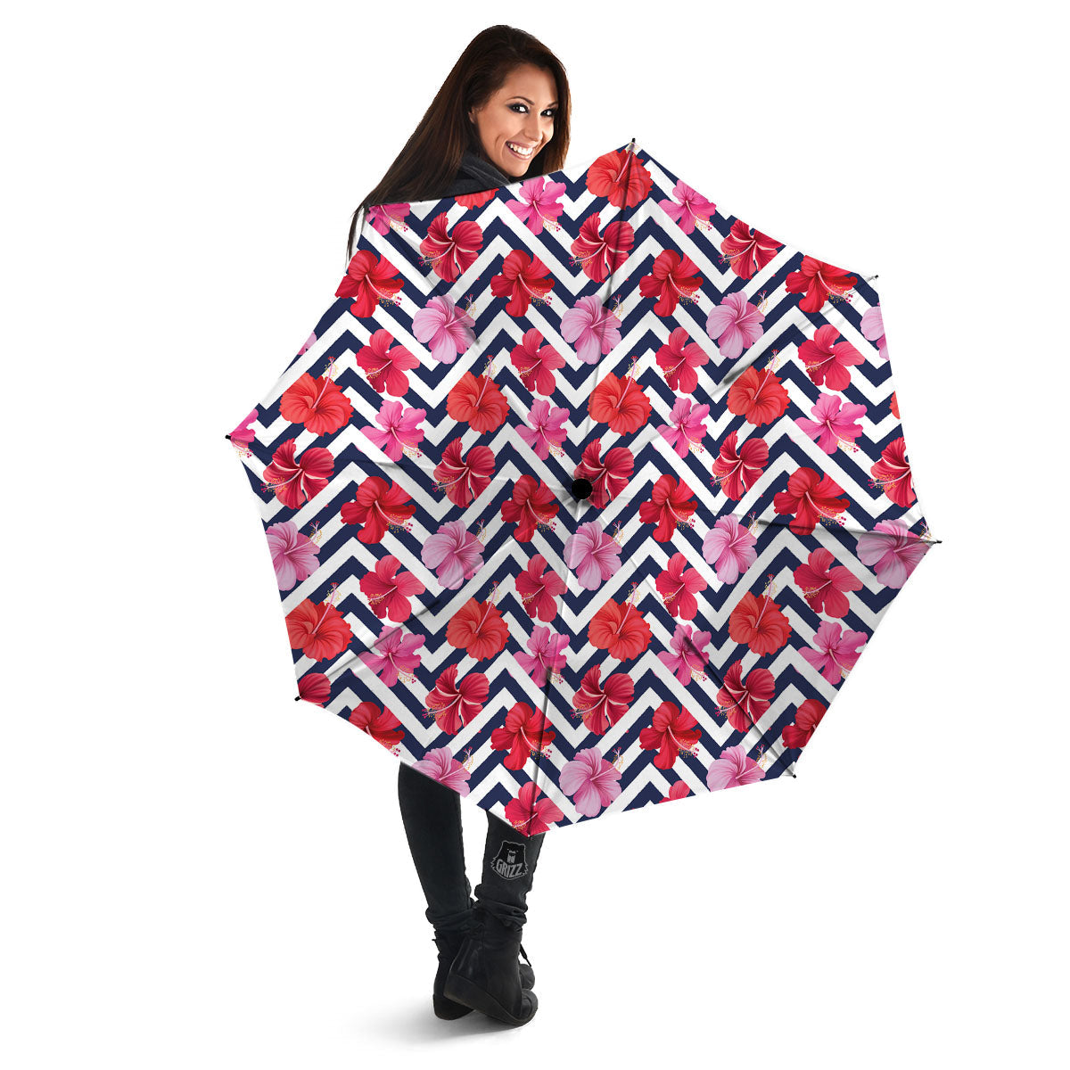 Hibiscus Zigzag Pink Print Pattern Umbrella-grizzshop