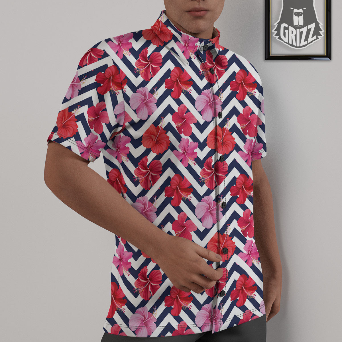 Hibiscus Zigzag Pink Print Pattern Untucked Shirts-grizzshop