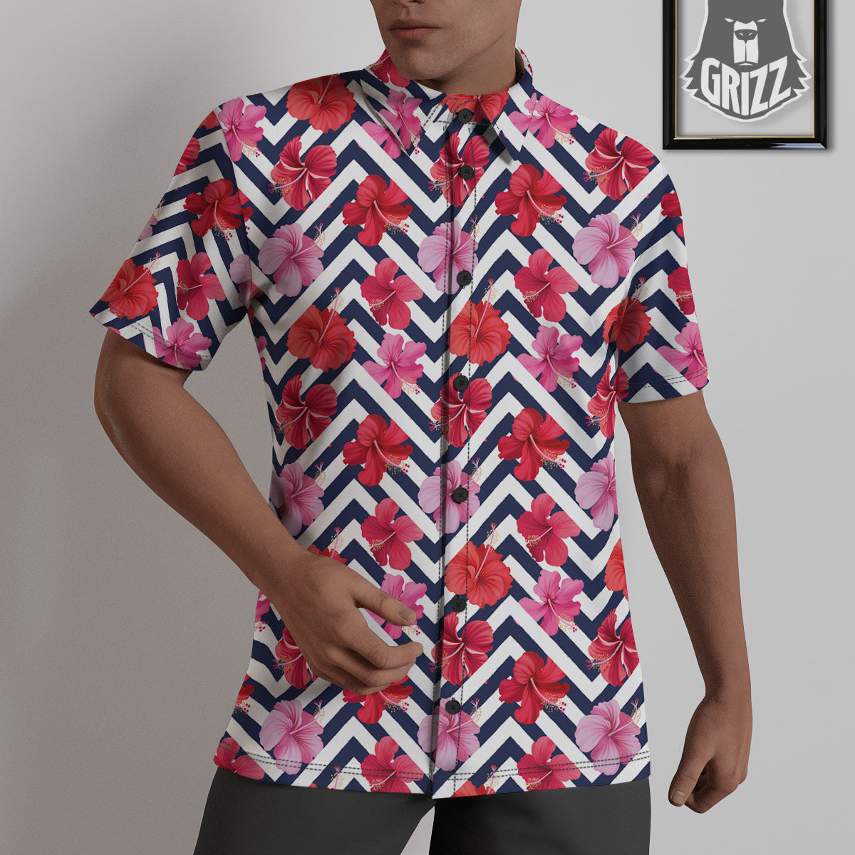 Hibiscus Zigzag Pink Print Pattern Untucked Shirts-grizzshop