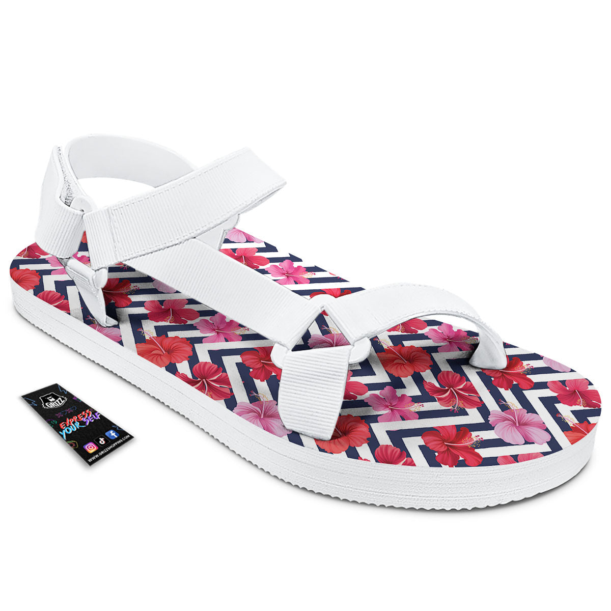 Hibiscus Zigzag Pink Print Pattern White Open Toe Sandals-grizzshop