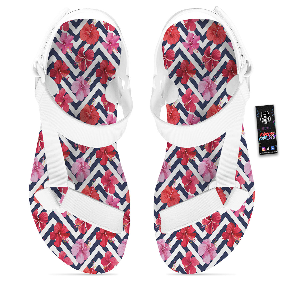 Hibiscus Zigzag Pink Print Pattern White Open Toe Sandals-grizzshop