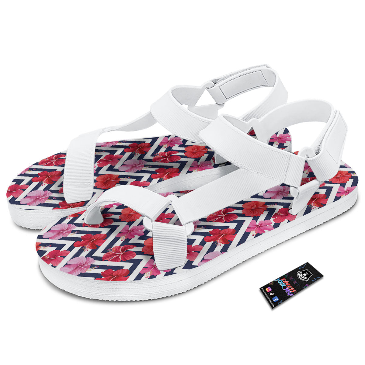 Hibiscus Zigzag Pink Print Pattern White Open Toe Sandals-grizzshop