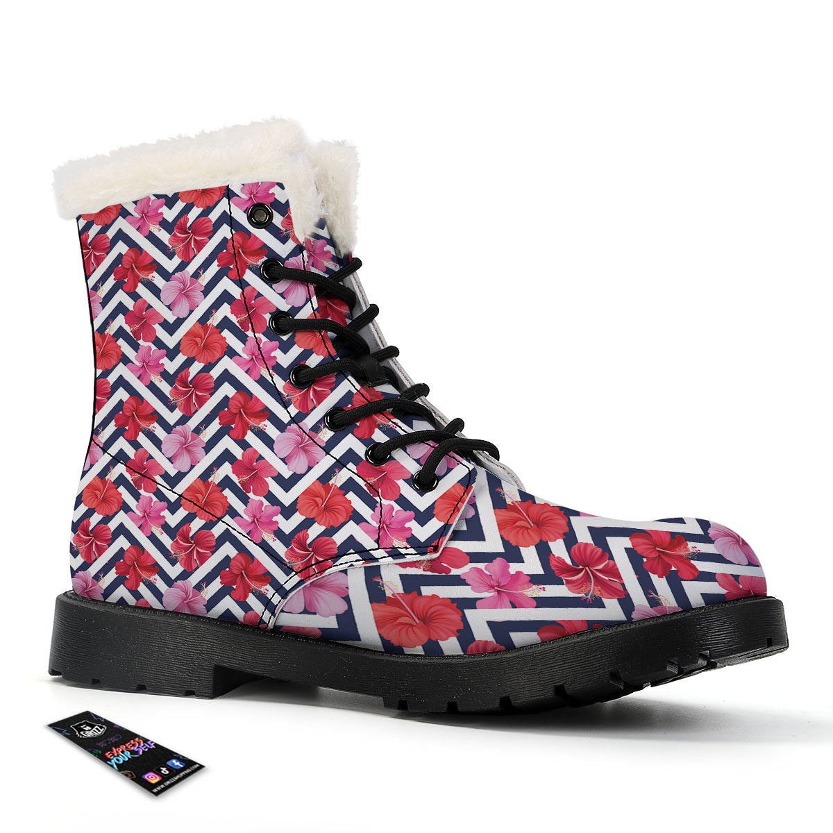 Hibiscus Zigzag Pink Print Pattern Winter Boots-grizzshop
