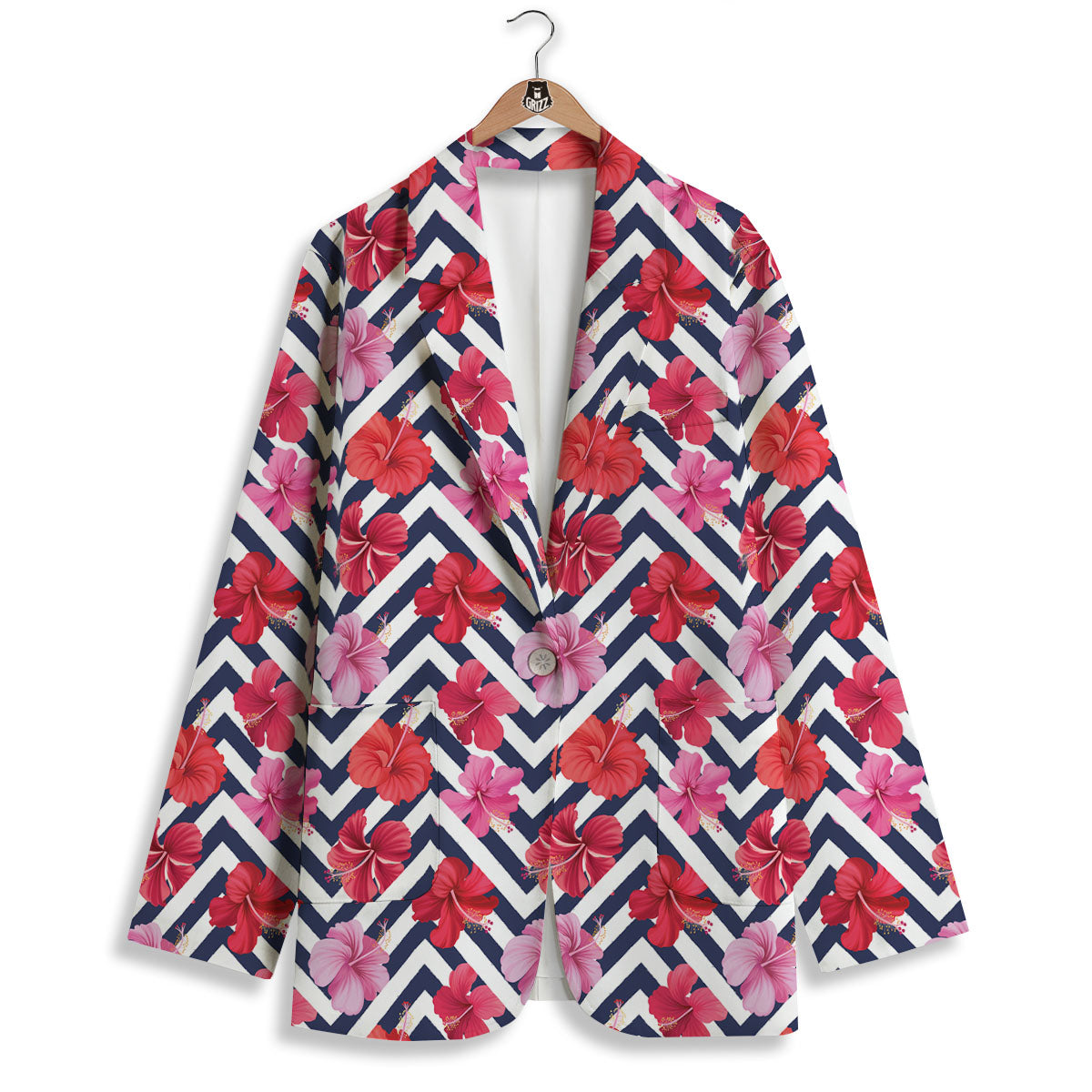 Hibiscus Zigzag Pink Print Pattern Women's Blazer-grizzshop