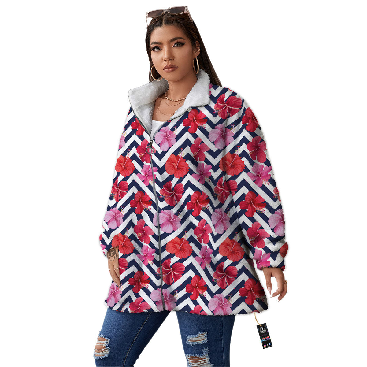 Hibiscus Zigzag Pink Print Pattern Women's Sherpa Jacket-grizzshop