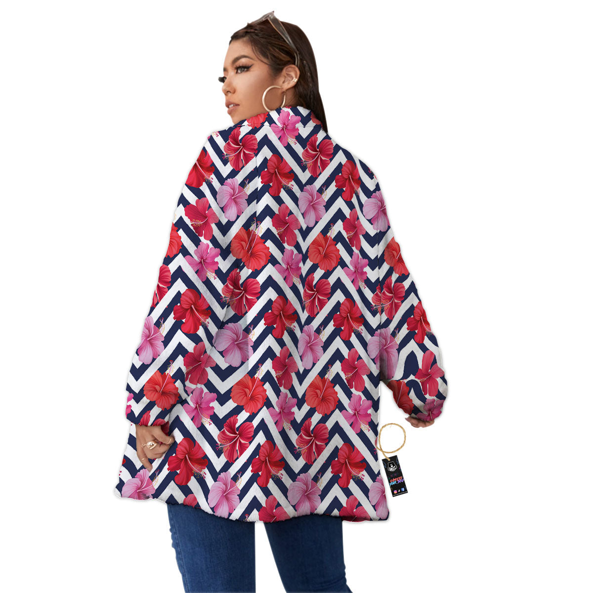 Hibiscus Zigzag Pink Print Pattern Women's Sherpa Jacket-grizzshop