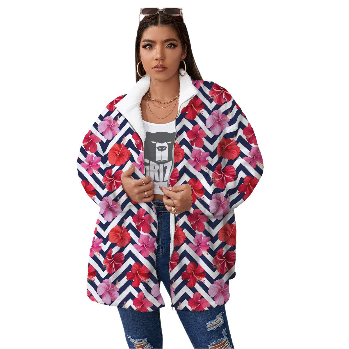 Hibiscus Zigzag Pink Print Pattern Women's Sherpa Jacket-grizzshop
