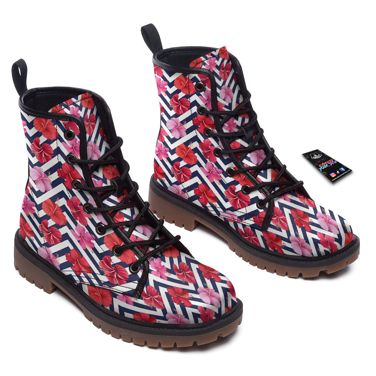 Hibiscus Zigzag Pink Print Pattern Work Boots-grizzshop