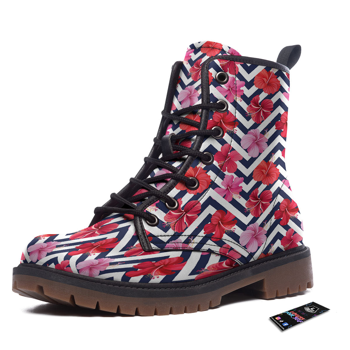 Hibiscus Zigzag Pink Print Pattern Work Boots-grizzshop