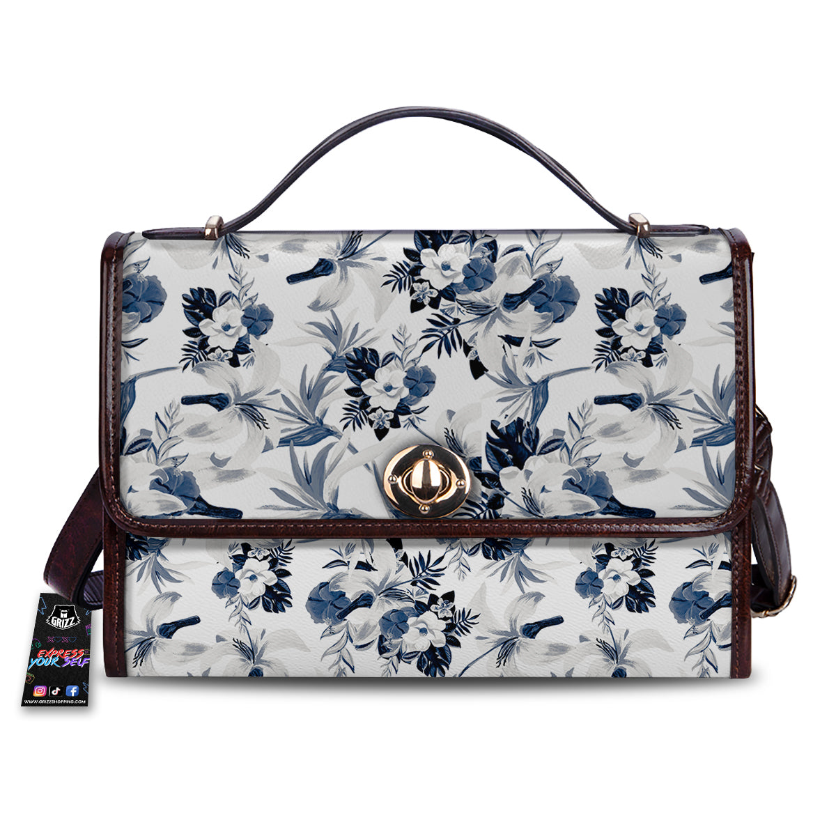 Hibiscus Floral White And Blue Print Pattern Women's Satchel Bag