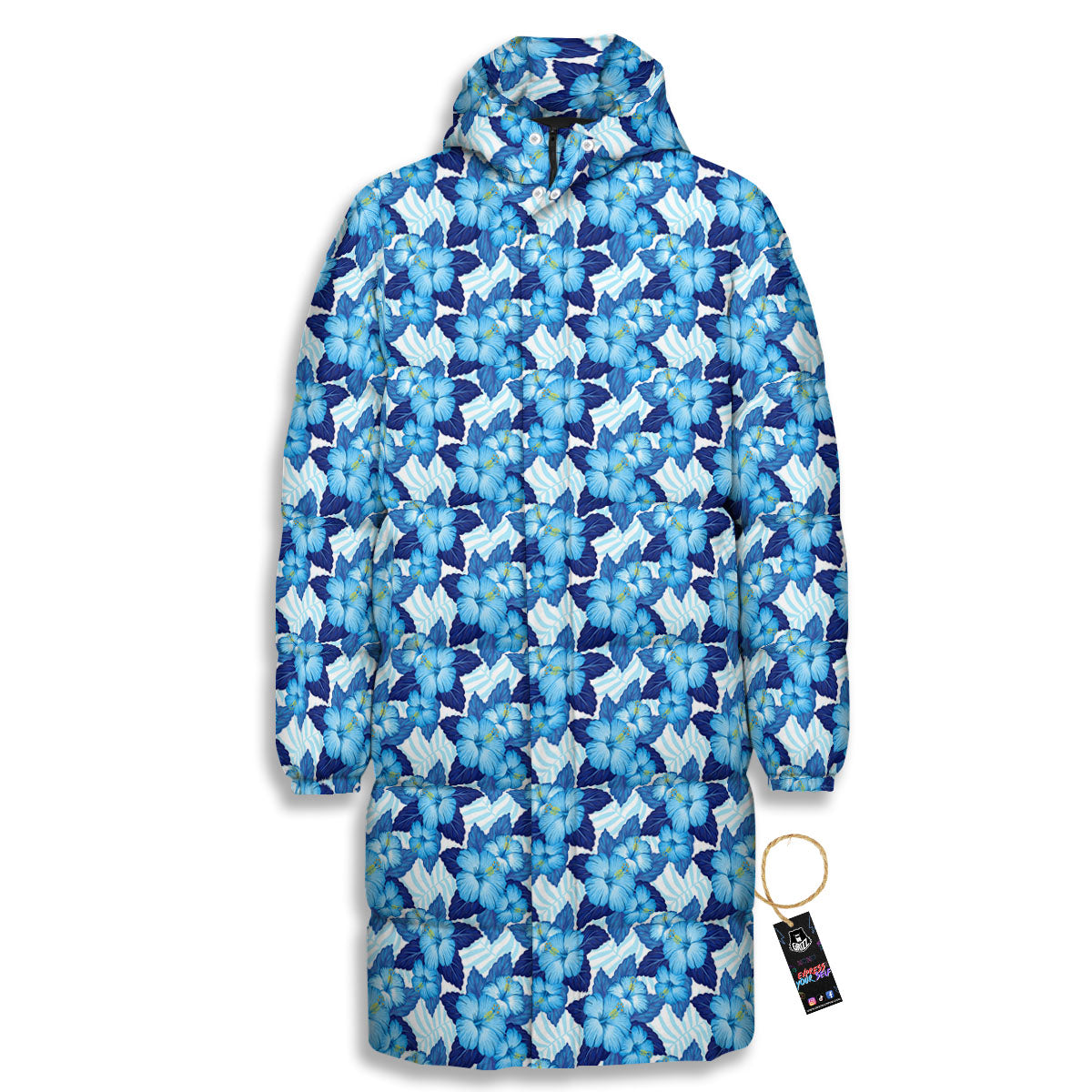 Hibiscus Tropical Blue Print Pattern Long Down Jacket
