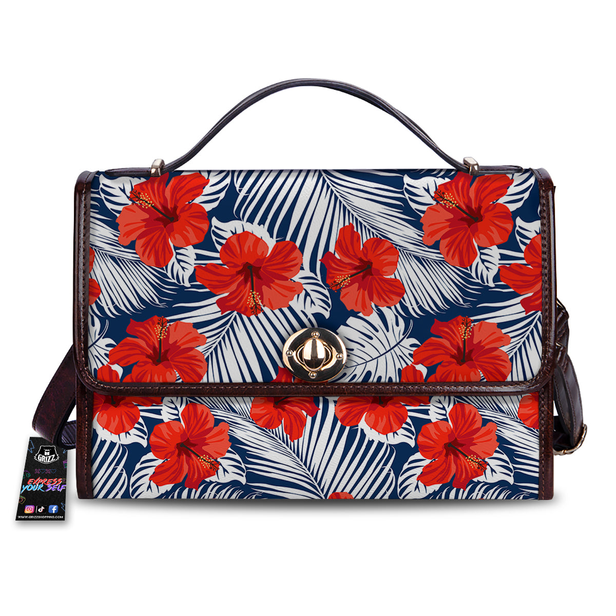 Hibiscus White Leaves Print Pattern Women's Satchel Bag