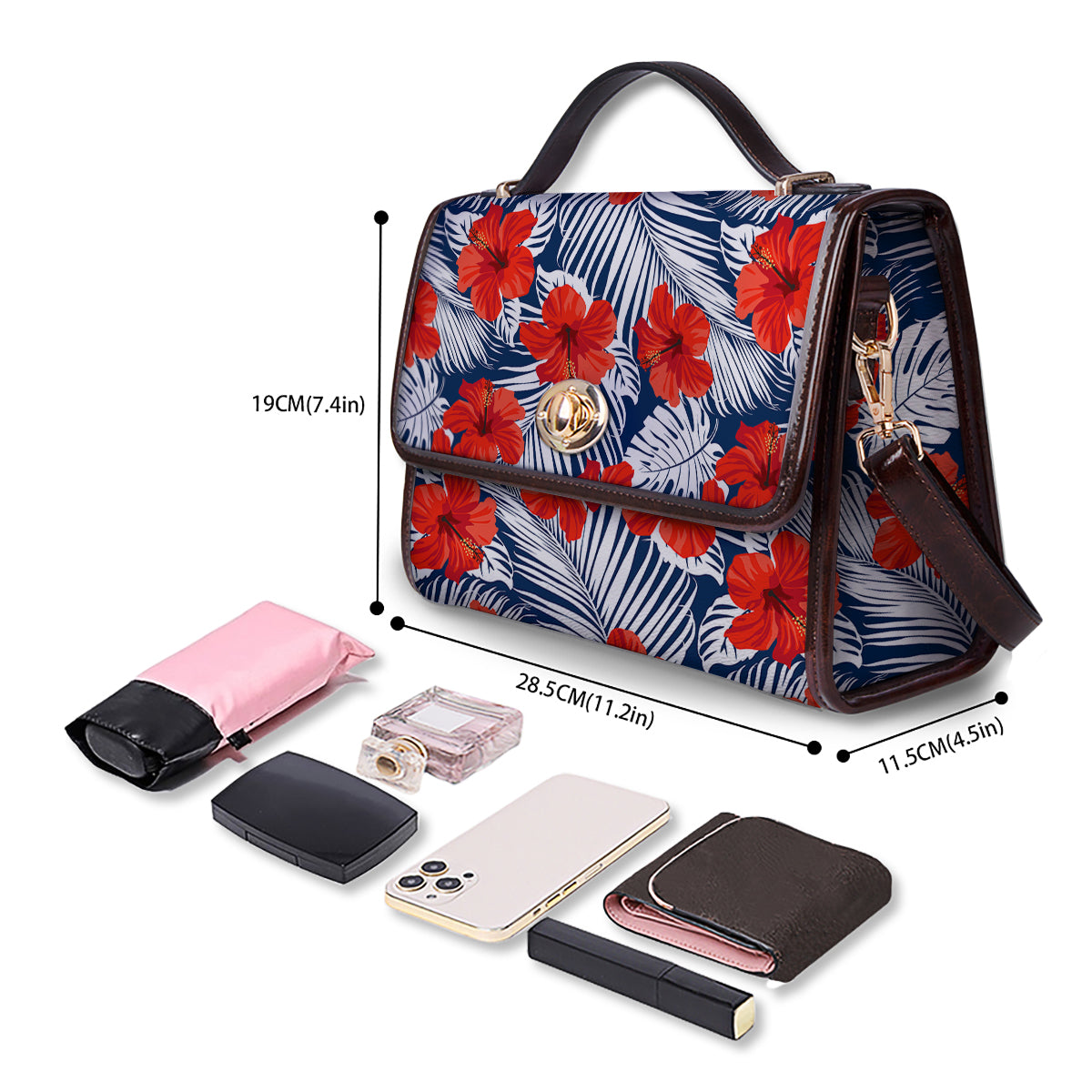 Hibiscus White Leaves Print Pattern Women's Satchel Bag