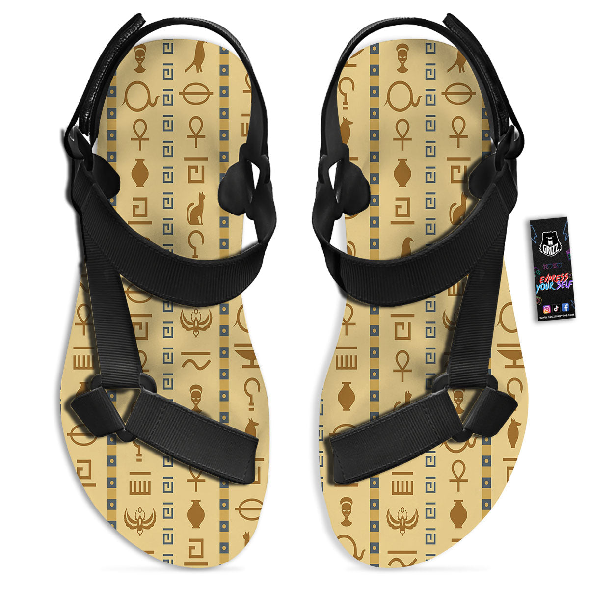 Hieroglyphs Ancient Egyptian Print Black Open Toe Sandals-grizzshop