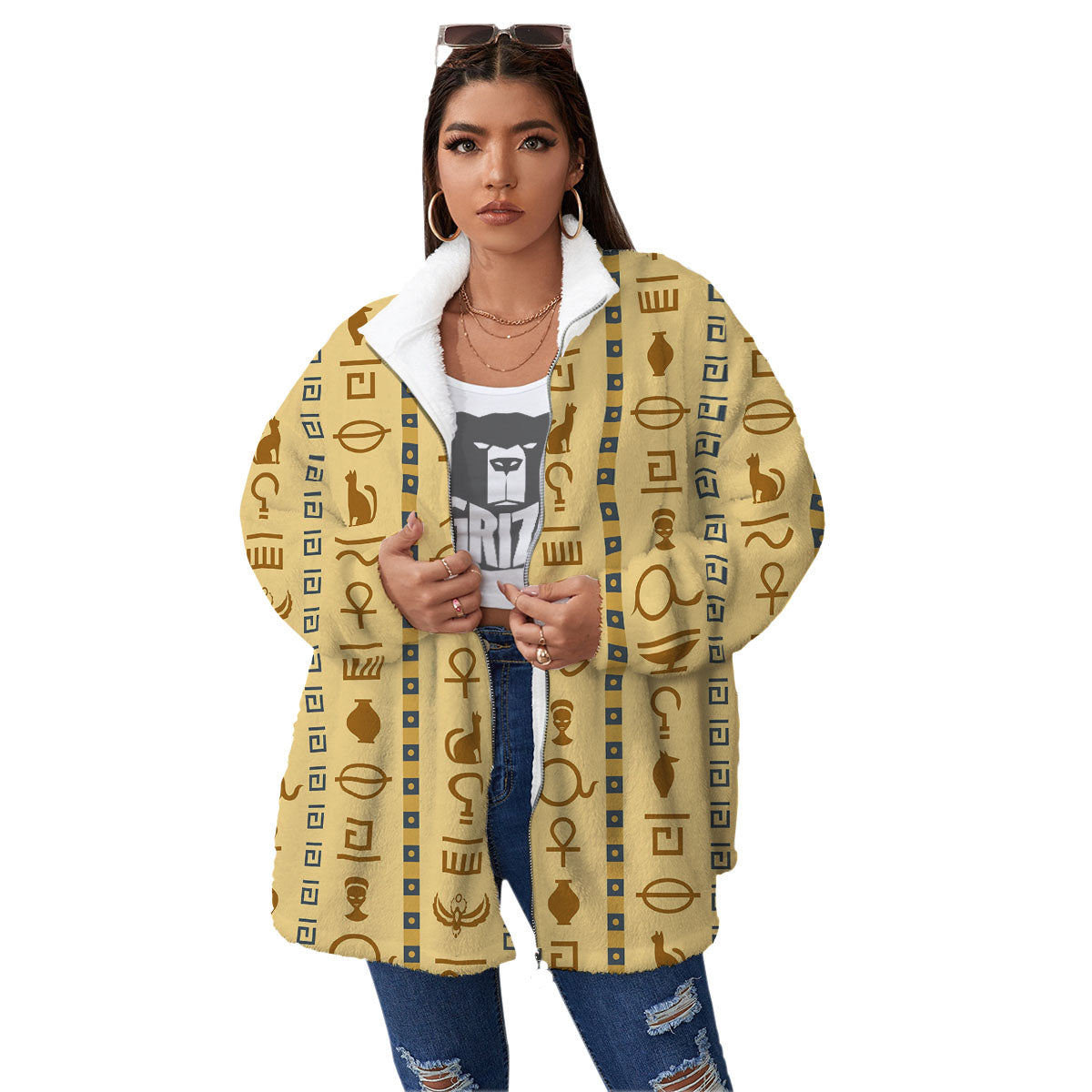 Hieroglyphs Ancient Egyptian Print Women's Sherpa Jacket-grizzshop