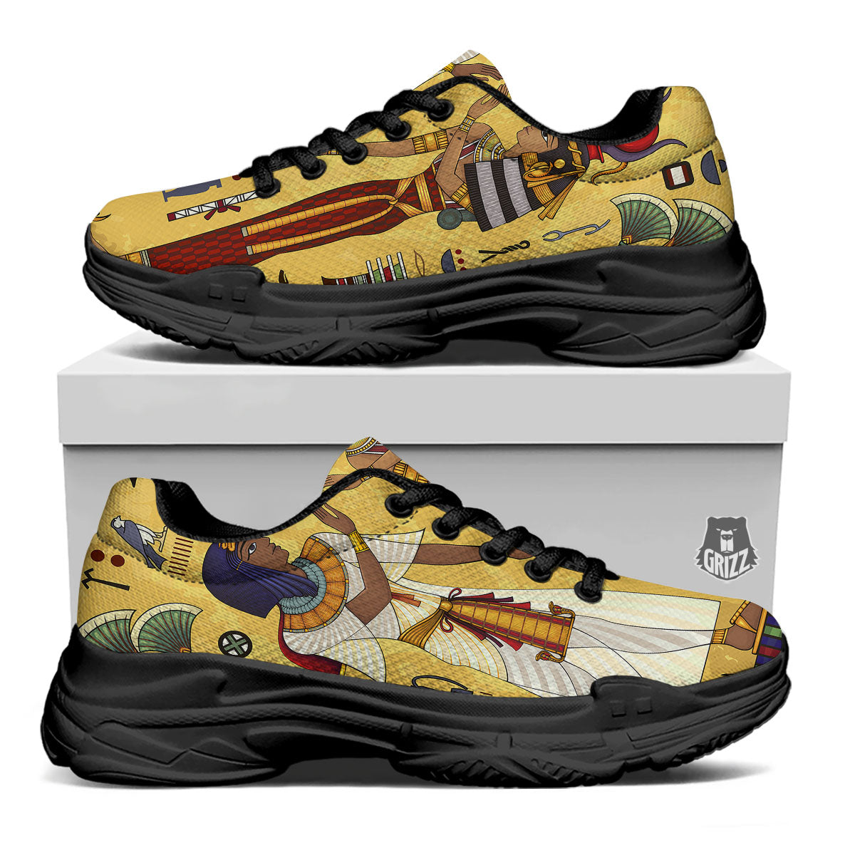 Hieroglyphs And Gods Egyptian Print Black Chunky Shoes-grizzshop