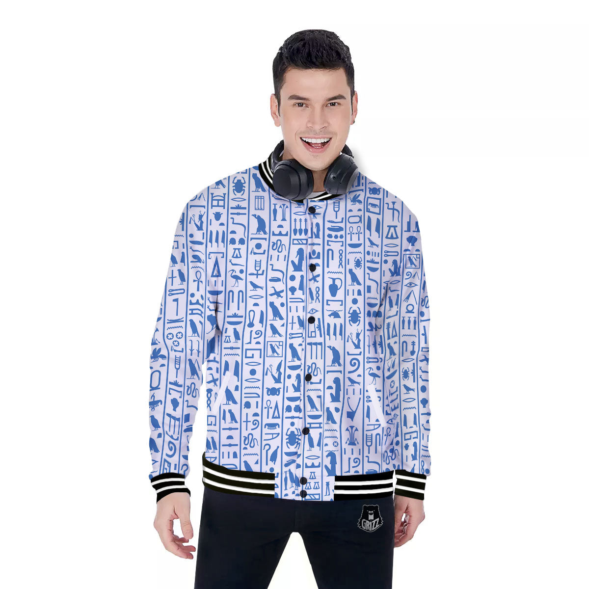 Hieroglyphs Egypt Print Pattern Baseball Jacket-grizzshop